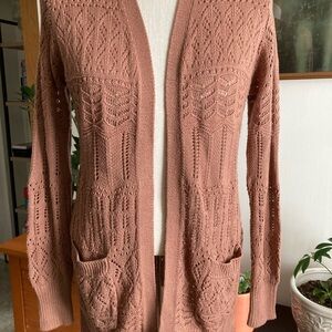 Pinkish-brown crochet style cardigan sweater, size M, acrylic